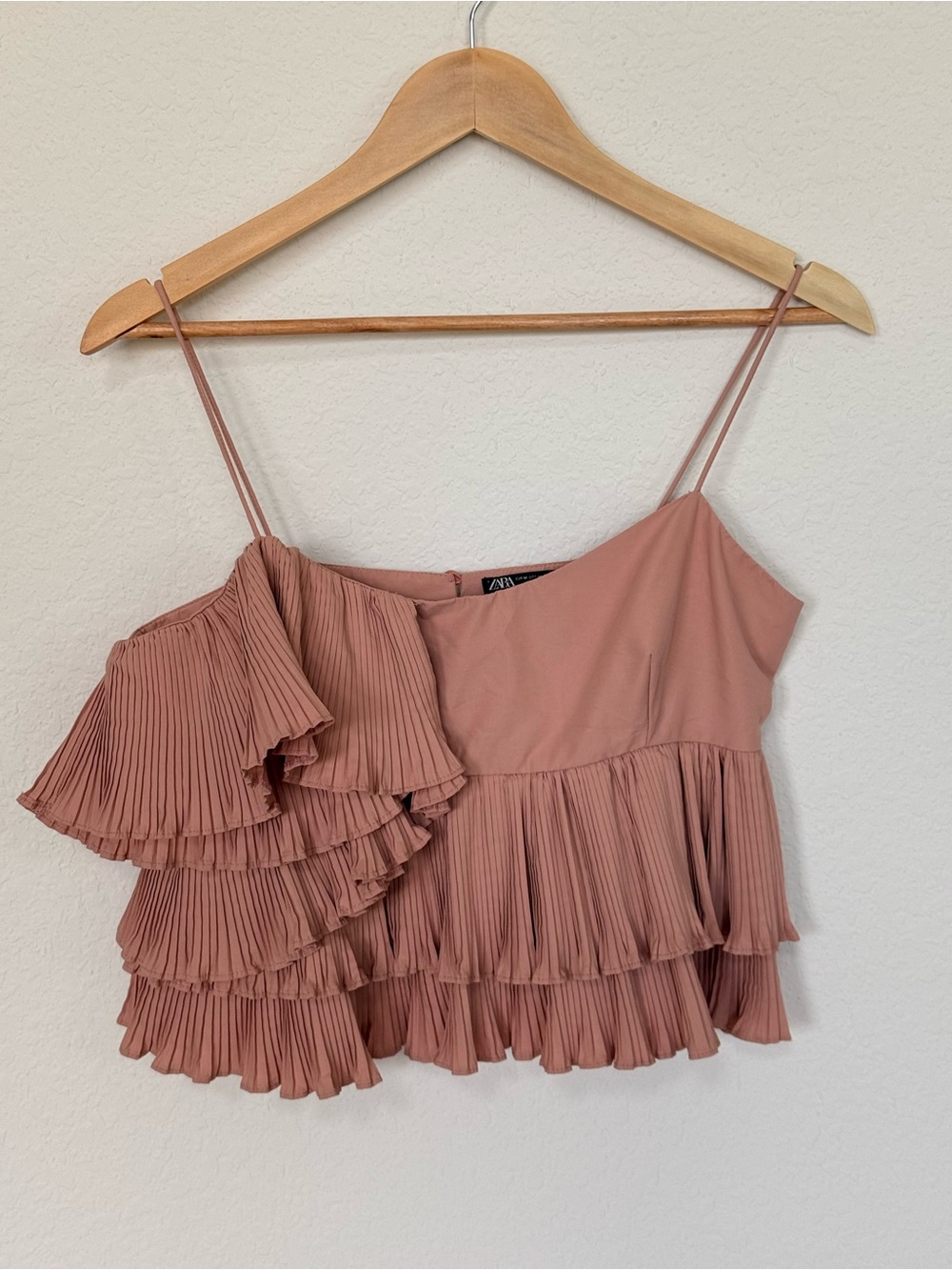 Zara Rose-Pink Pleated Ruffle Asymmetric Camisole